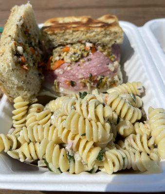 Pasta salad and Muffuletta