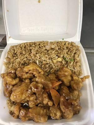 Orange chicken lunch special comes with egg roll and shrimp fried rice