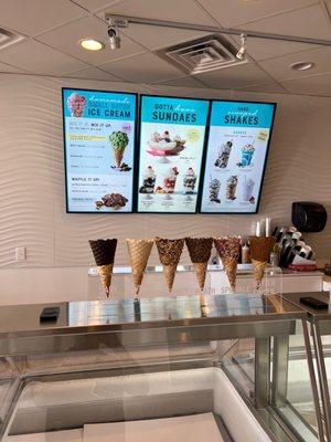 A variety of dipped waffle cones to choose from. They also have shakes and ice-cream cakes !