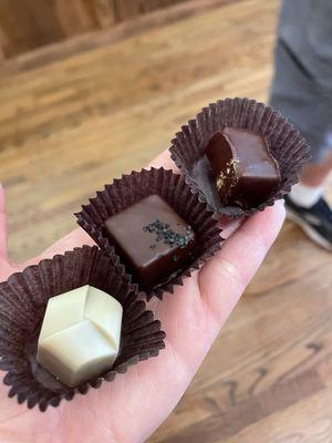 Left to right: passion fruit, dark lava salted caramel, candy cap mushroom