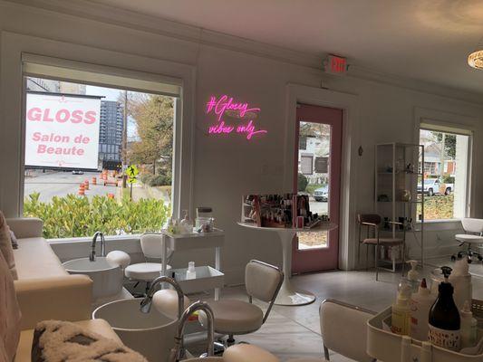 Main interior of Gloss - entryway. The building is a white house on the corner of Shadowlawn and E. Paces Ferry