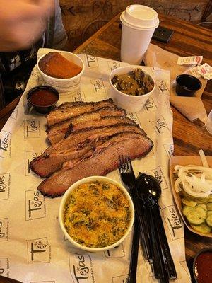 One lb of brisket, broccoli cheddar casserole, Carrot Souffle and Chocolate Bread Pudding