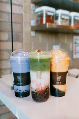 Taro Slush, Premium Strawberry Matcha, Sunrise on the Beach Slush