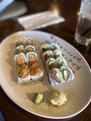 HH spicy salmon roll ($5.50), tuna/avocado roll ($5.50)