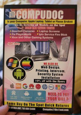 A flyer with services