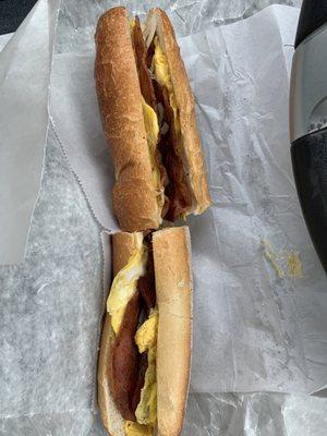 Bacon egg and cheese on a long roll.