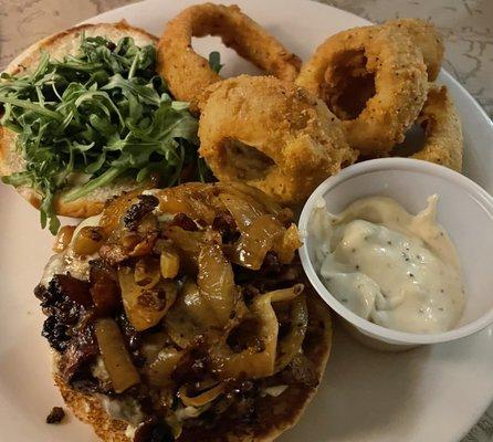 Avalon Burger with Salt & Pepper Onion Rings. Hint: order extra aioli on the side for dipping