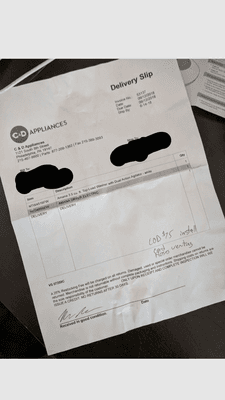 Delivery invoice with no prices listed, extra vague  installation and parts lumped into one $75 charge that was sprung on us last minute.