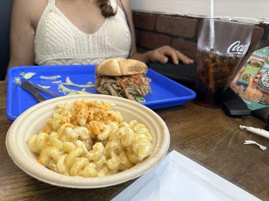 Mac and Cheese and BBQ pulled pork sandwich.