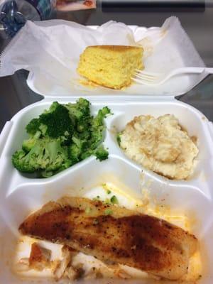 Tilapia, mashed potatoes & gravy, broccoli and corn bread.