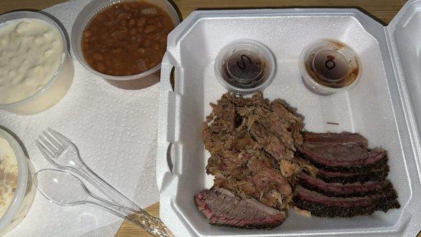 Brisket, pulled pork, baked beans, Mac and cheese, banana pudding.