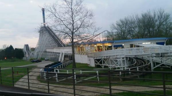 Station platform and lift hill at dusk