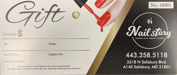 Nail Story's gift certificate is available now.