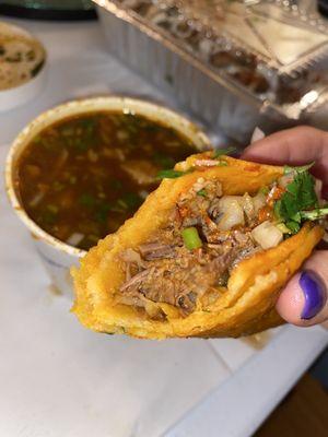 Birria taco and consomme