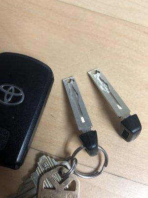 remote keyless entry emergency key, original and new one made from BP Lock and Key Shop