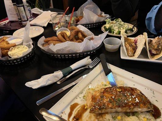 Salmon, Fried Shrimp, Fish Tacos, Onion Rings, and Buffalo Wings