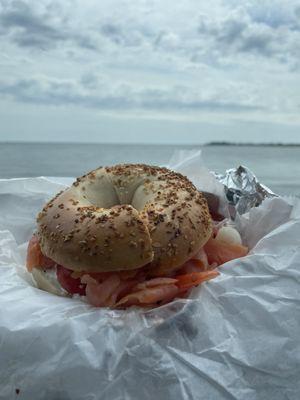 Garlic bagel with lox and cream cheese