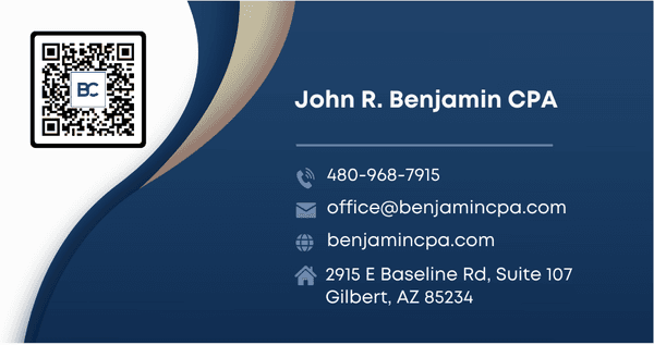 Benjamin Consulting, PLLC - John R. Benjamin CPA business card with QR code