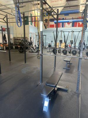 Squat racks, HAWC's squat/leg press, cables, row/ski and bike ergs