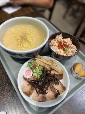 Forgot the name, it was a special written in chalk, but it's salt ramen w/ pork cheek & a salmon rice bowl