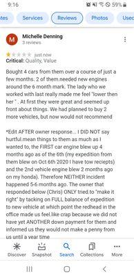 Screenshots of a reply from one of the owners as well.as my edited review