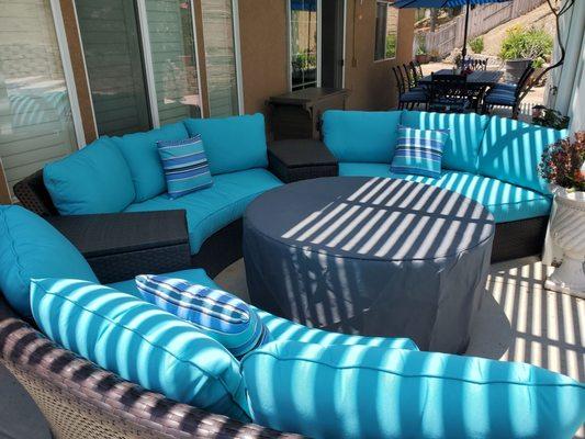 Aztec half circular sofa and 52" Round fire table.