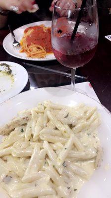 Chicken Fettuccine Alfredo and mixed berry Sangria