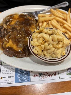 Chopped Sirloin, Mac and Cheese and French fries