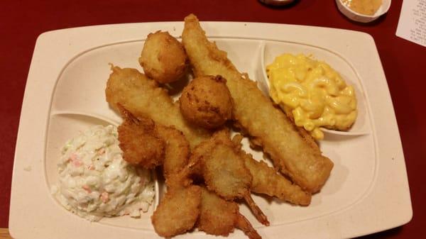 Fish and shrimp combo with Mac and cheese