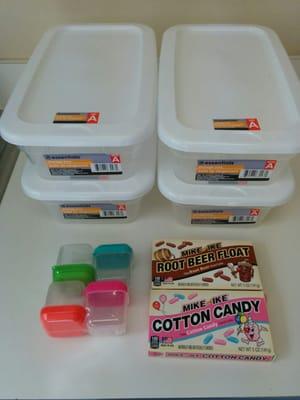 Bins, small containers (4 to a pack), candy. All $1 each.