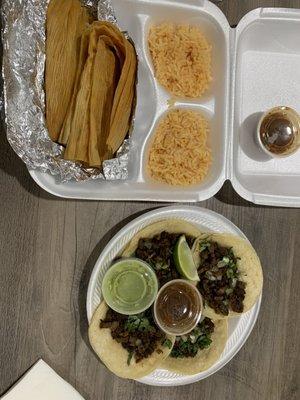 Carne Asada Tacos and Pork Tamales