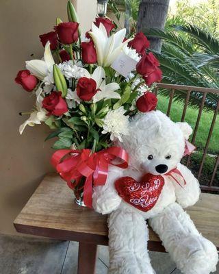 Vase Arrangement 1 Dozen Red Roses with Teddy Bear