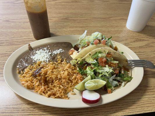 2 shrimp tacos, rice, beans and a small horchata