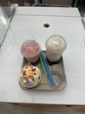 Coconut Milk Tea Slush, Strawberry Milk Tea Slush and Mango Tango rolled ice cream.