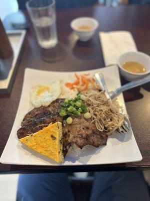 48. Broken rice w/ pork chop, baked egg, shredded pork skin, and fried egg (rating: 5/5)