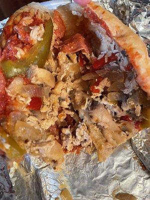 Inside of the chicken cheesesteak special