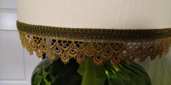 The infamous gold lace, on its dirty side since the lamp has a tarnished look anyways. The new green ribbon trim.