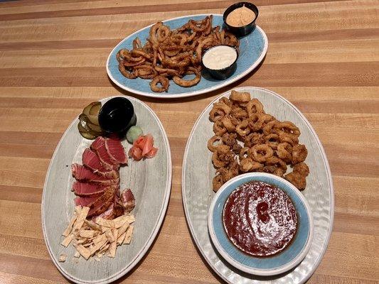 Appetizers. Tuna, Calamari, Onion Rings