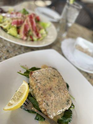 Crusted salmon and seared ahi tuna salad