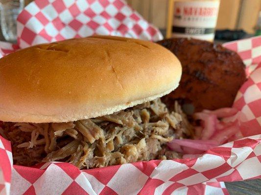 Pulled pork bbq sandwich and fried bologna