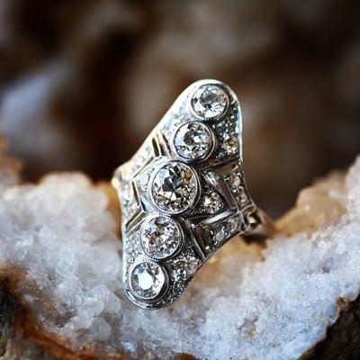 Deco-Era Handmade White Gold RIng with Old European Cut Diamonds.