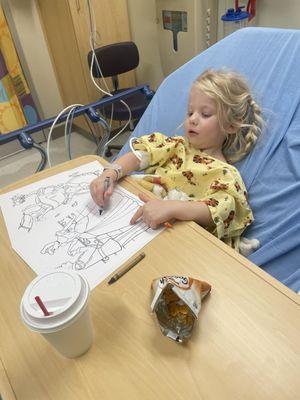 The nurses and staff were wonderful, they took exceptional care of our daughter. They gave her crayons and coloring book.