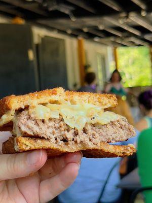 Brii Town Burger - inside is perfectly medium-well. Comes with caramelized onions, America/Swiss blend, on cracked wheat toast.