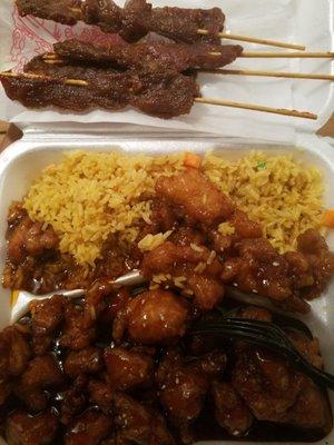 Sesame chicken w/ fried rice and teriyaki beef