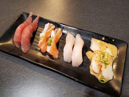 Left to right: Tuna, Salmon Belly, Yuzu Yellowtail (no yuzu), Ono (aka super white tuna)