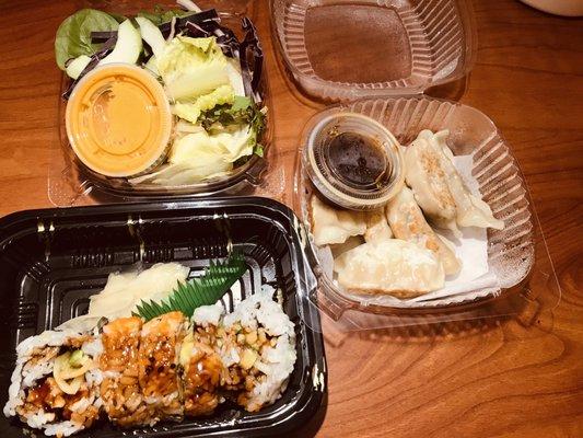 Gyoza, side salad, and Crab Tempura roll