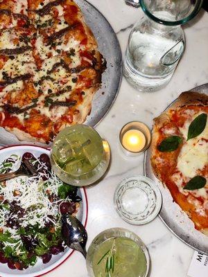 Margherita pizza, salad, Rosemary spritz