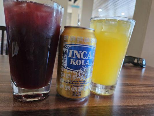 Purple corn and cinnamon drink. Peruvian Cola and Passion fruit drink.