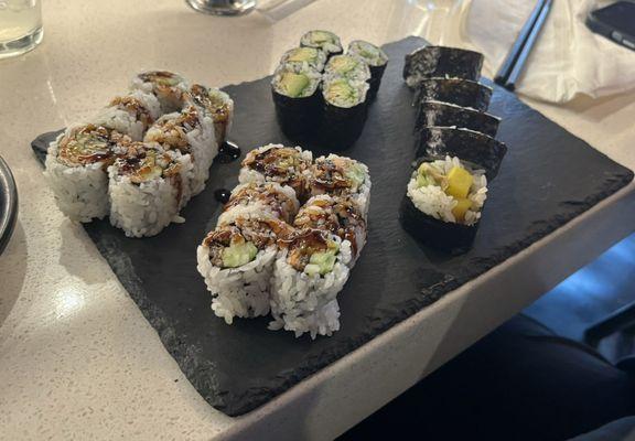 Salmon skin roll x2, Avocado roll, and Vegetable roll