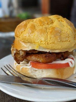 Pineapple bun sandwich with pork cutlet and egg